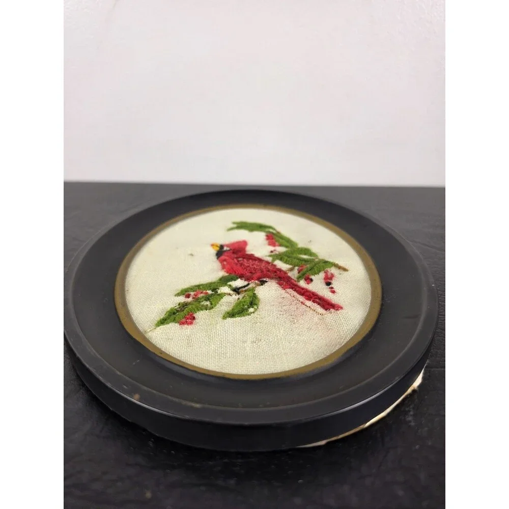 Vintage Red Cardinal Bird Mid Century Embroidery Handmade Hand Stitched Wall Art